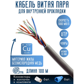  Витая пара UTP cat5e 26AWG 8 жил Медь (Cu) 100 м 