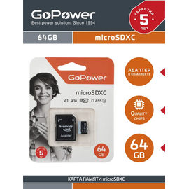  Карта памяти GoPower 00-00025676 microSD 64GB Class10 70 МБ/сек V30 с адаптером 