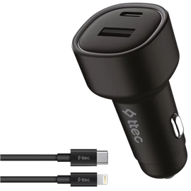  TTEC SmartCharger Duo PD 48W Vehicle Fast Charger USB-C+USB-A With USB-C-Lightning Cable - Black 