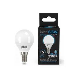  Лампа светодиодная Gauss 105101307 6.5Вт цок.E14 шар 220B 6500K св.свечения белый холодный уп/10шт 