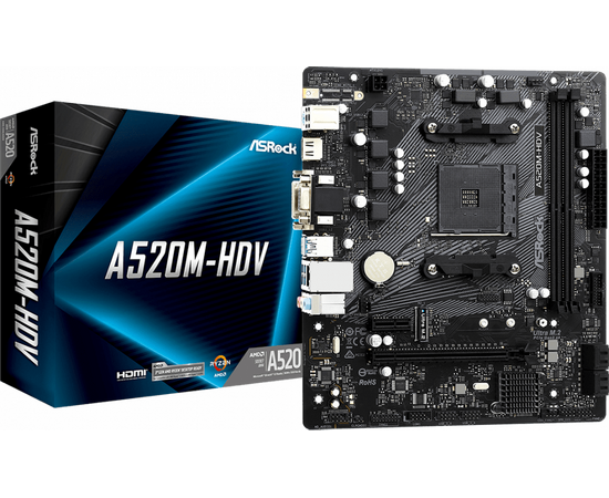  MB sAM4 ASRock A520M-HDV, AMD A520, 2xDDR4-3200, D-SUB+DVI-D+HDMI, 1xPCI-Ex16, 1xPCI-Ex1, 4xSATA3(RAID 0/1/10), 1xM.2, 8 Ch Audio, GLan, (2+4)xUSB2.0, (4+2)xUSB3.2, 1xPS/2, mATX, RTL 