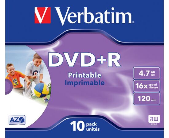  Диск DVD+R Verbatim 4.7Gb 16x Jewel case (10шт) Printable (43508) 
