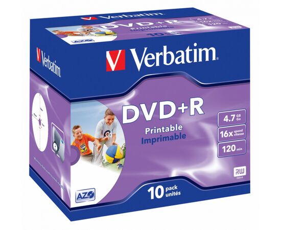  Диск DVD+R Verbatim 4.7Gb 16x Jewel case (10шт) Printable (43508) 