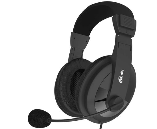  Гарнитура Ritmix RH-524M Black мониторный тип O40 мм, микрофон, регулятор громкости, кабель: 2,4 м 