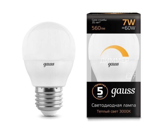  Лампа Gauss (105102107-D) светодиодная 7Вт цок. E27 шар 220B 3000K св.свеч.бел.теп. (упак. 10шт) 