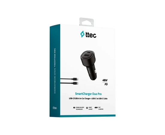  АЗУ TTEC 2CKP02CS SmartCharger Duo PD 48W Car Fast Charger USB-C+USB-A With USB-C-USB-C 3A Cable Black 
